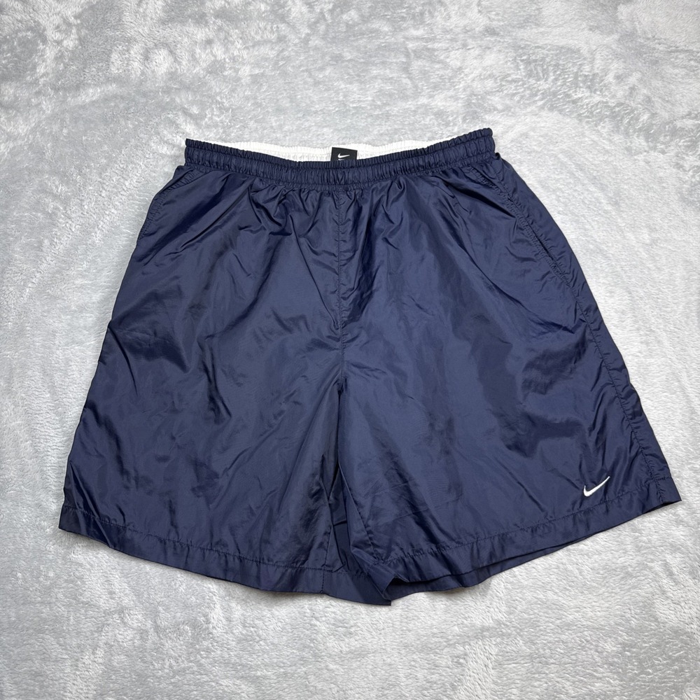 Vintage Nike Swim Shorts Mens XL Spellout Blue White Mesh Lined Logo Running 90s